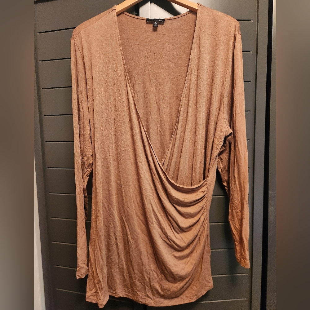 Tan Universal Standard long sleeve deep v-neck tee, women's M